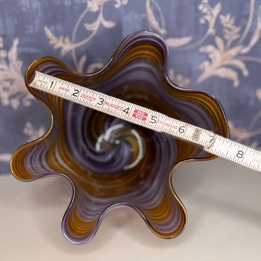 Vintage Estate Murano Style Art Glass Handkerchief Bowl Brown Purple